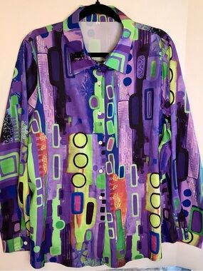 Women's Elegant Geometric Print Shirt Vibrant Multicolor Abstract Design Sz 2XL